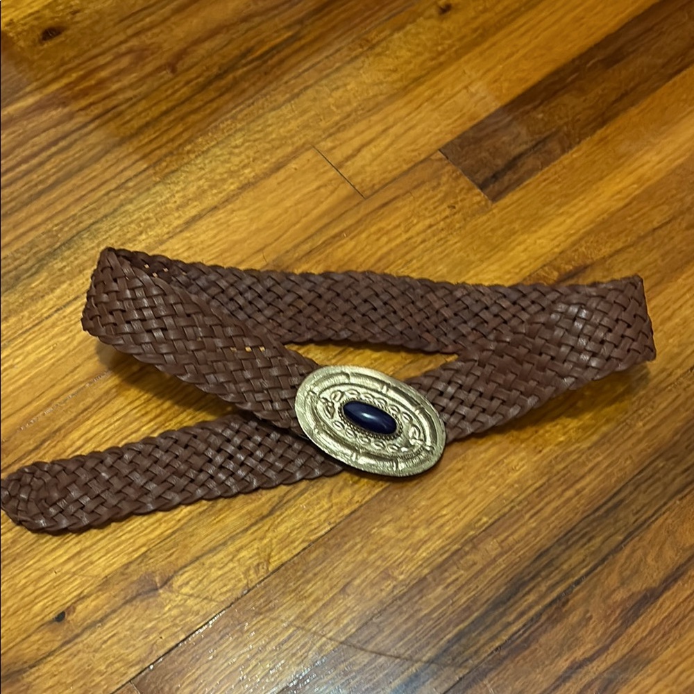 Brown Leather Woven Belt with Gold Buckle Blue Accent Stone